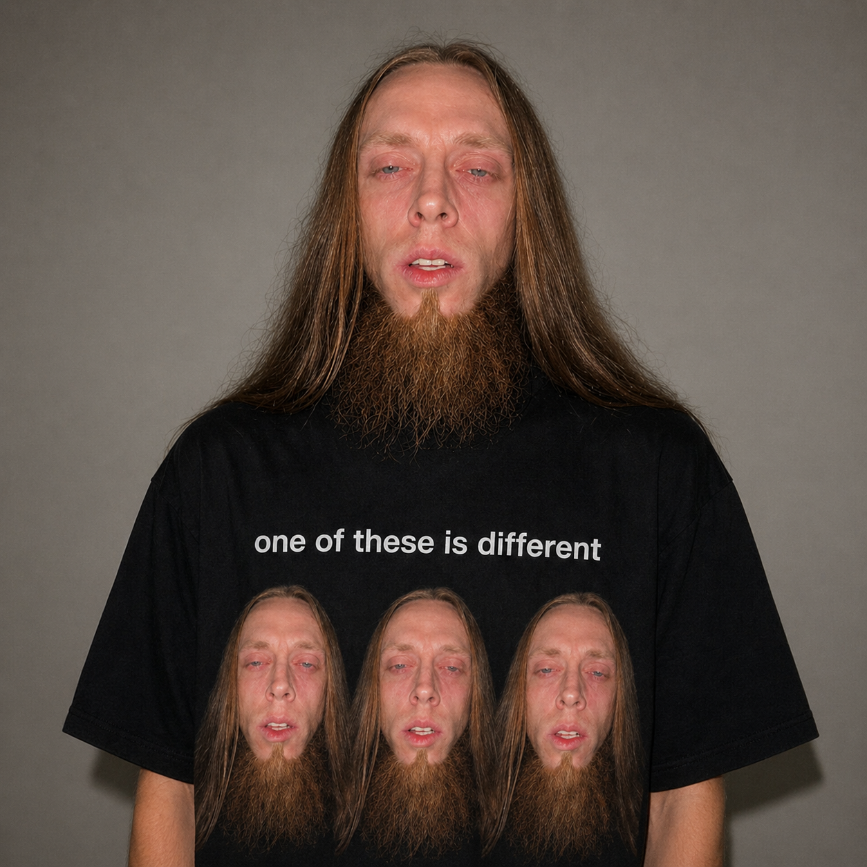 Shaggy With A Beard wearing the Spot The Shaggy graphic tee - square gray background