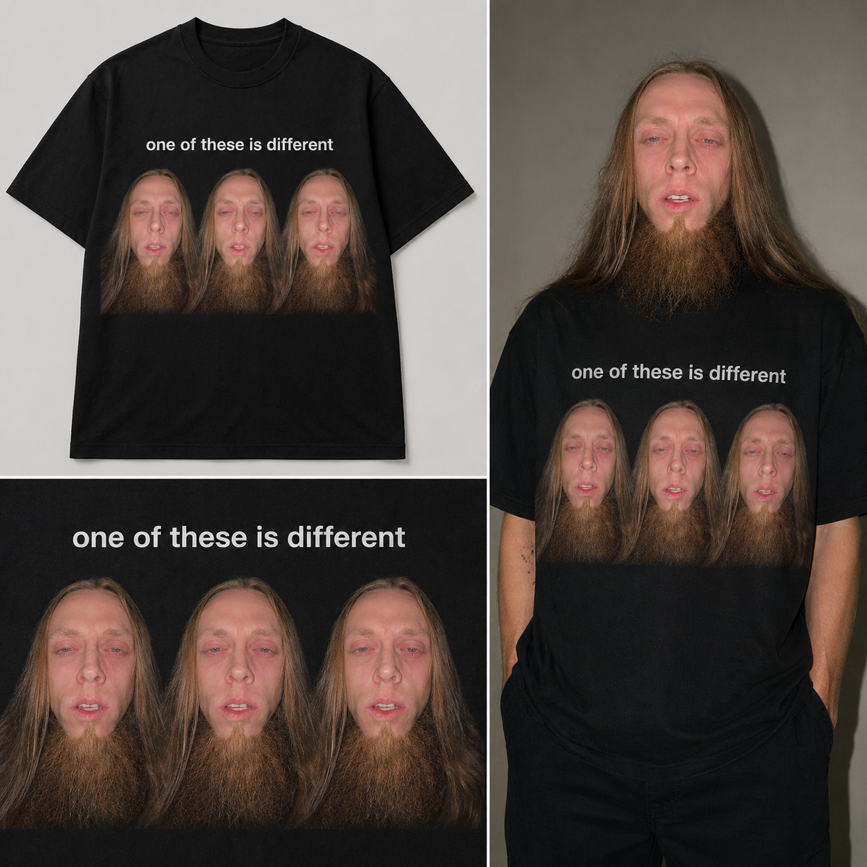One of these is different graphic design close up - three Shaggy faces on black tee